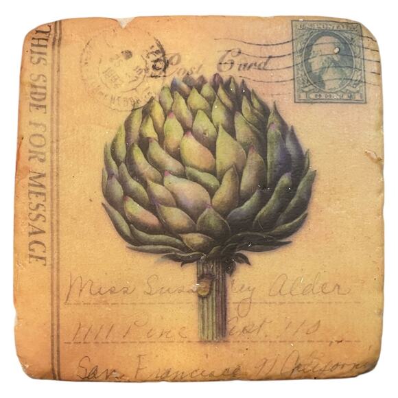 Vintage Retro Veggies Stone Cork Coasters 4 x 4" Boxed Set of 4 NEW - Picture 3 of 10